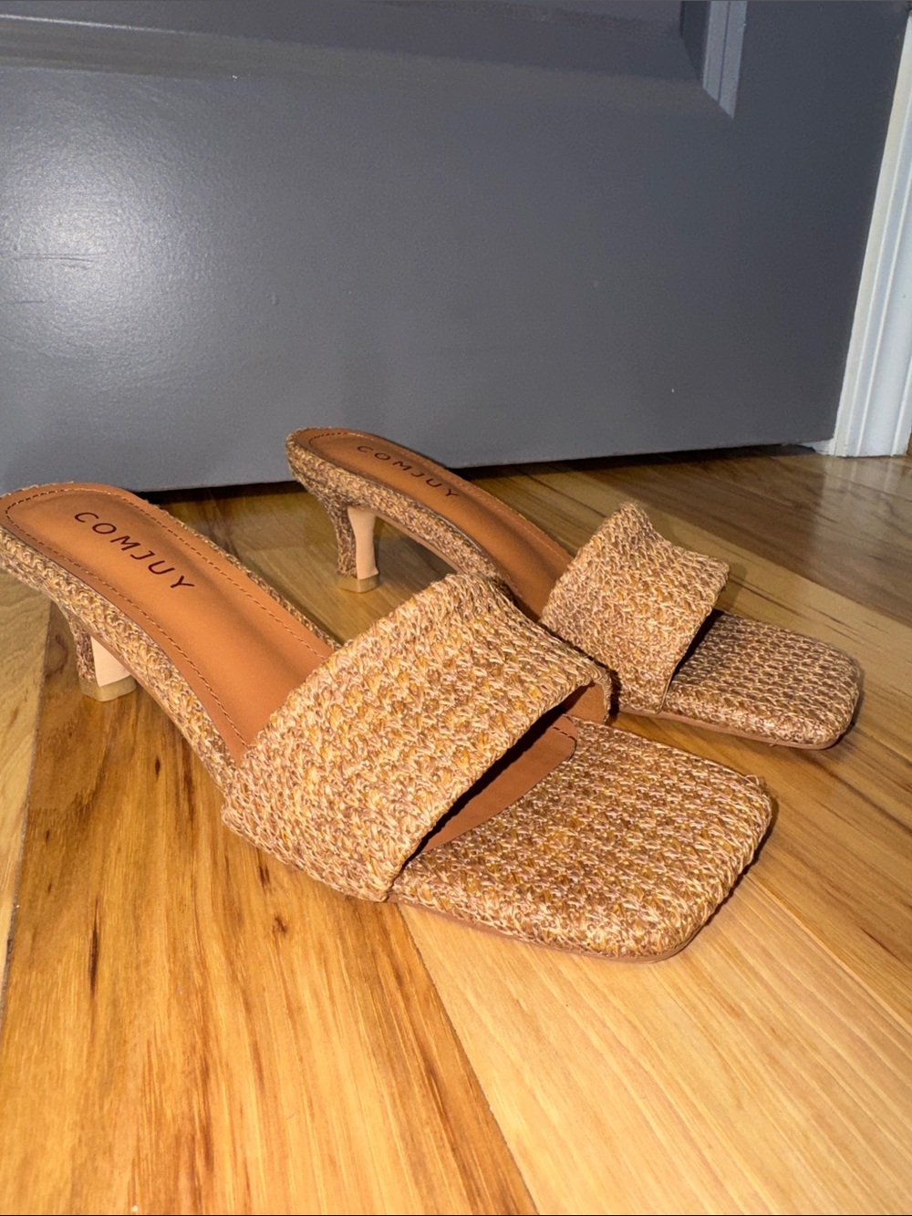 Coutgo Tan Woven Square Toe Slide Sandals | Size 8